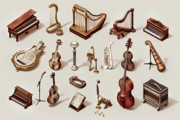 A small isometric set of musical instruments, each detailed to show fine craftsmanship, model isolated white background