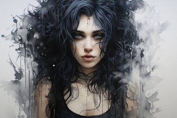 dark and mysterious woman with flowing black hair