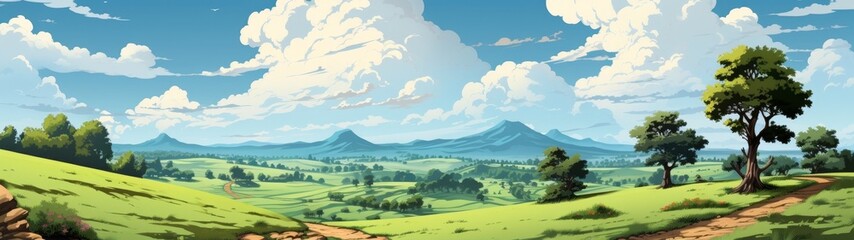 Scenic countryside landscape with rolling hills and mountains