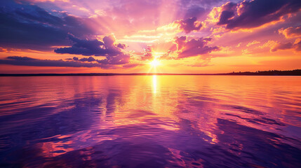 A breathtaking view of a vibrant sunset over a tranquil lake, with the sky painted in hues of pink, orange, and purple