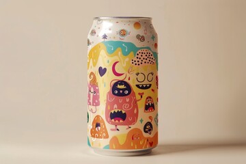 A can of soda with a fun and whimsical label covered in playful monster characters, A can of pop with a whimsical label featuring playful characters