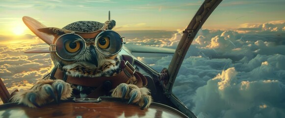Amazing of a nocturnal animal, an owl in aviator goggles piloting a vintage aircraft, with blur background, above the clouds, Sharpen banner cinematic with copy space