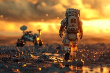 An astronaut has set foot on the surface of Mars, next to his rover, opening a new era of exploration, plunging into the mysteries of the red planet