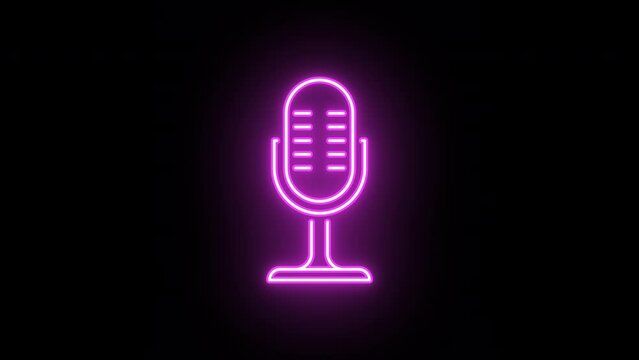 Neon mic icon animation, color flicker. Glowing neon microphone sign, looped color blink animation. Audio podcast, live voice interview, on air, radio show, sound record. 4 colors
