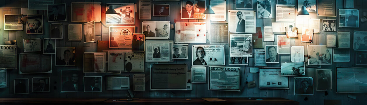 Criminal Investigator's Wall: Covered in crime scene photos, suspect profiles, and a board with investigation leads.