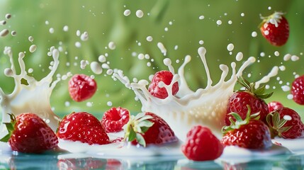 A splash of milk with strawberries and raspberries on the ight green background.
