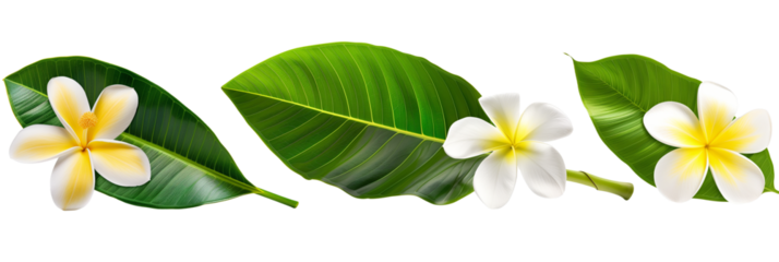 set of pairings of frangipani with banana leaves and monstera leaves, isolated on transparent background