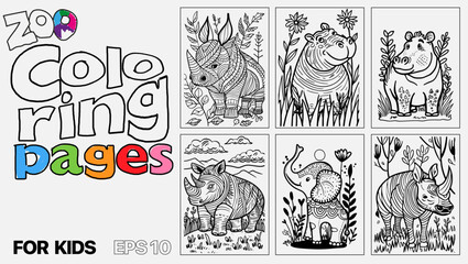 A set of six cat coloring pages for kids. The pages feature different types of animals and are designed for children to color. Kindle. POD.