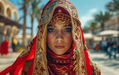 Obraz premium A woman dressed in a vibrant red and gold costume