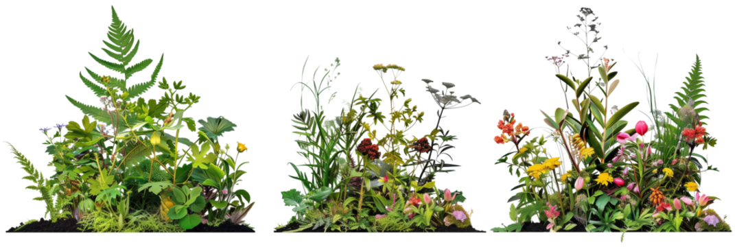 set of scenes of wildflowers with ferns and lush greenery, isolated on transparent background