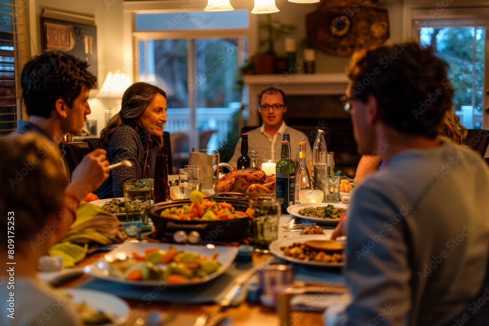 Wall mural Family members enjoying a casual weeknight dinner together at a table, A casual weeknight dinner where family members unwind and relax together after a long day