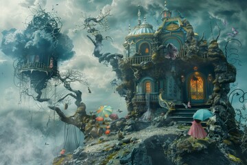 A woman stands in front of a castle, holding an umbrella, A cast of characters depicted in surreal, dreamlike settings