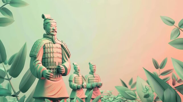 Chinese art style creative design revolutionizes urban farming, integrating terracotta warriors as garden protectors, presented in a kawaii template sharpen with copy space