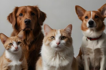 Group of pets sitting in front of white background