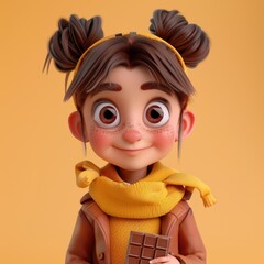 child, girl with a chocolate bar in her hand.cocoa beans fruit. happiness. childhood chocolate Factory. sweetness. dessert. 3d illustration,