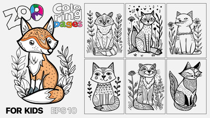 A set of six cat coloring pages for kids. The pages feature different types of animals and are designed for children to color. Kindle. POD