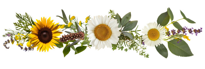 set of arrangements of daisies, sunflowers, and lavender with greenery, isolated on transparent...