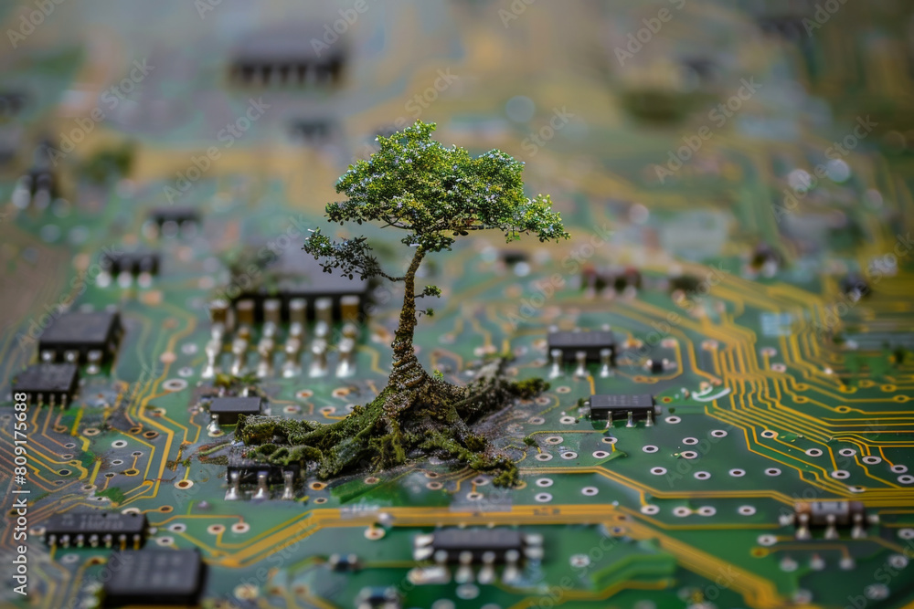 Wall mural A small tree is growing out of a motherboard