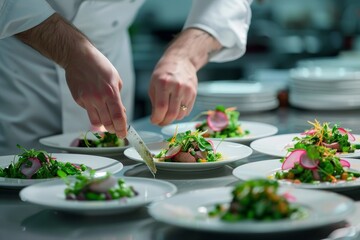 A chef in a commercial kitchen is creating a dish, focusing on ingredients and cooking techniques,...