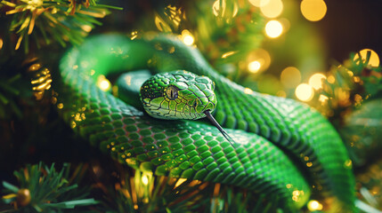 Fototapeta premium Green snake coils among festive Christmas tree branches, vibrant lights creating magical backdrop. Detailed scales and keen eyes capture unique holiday scene