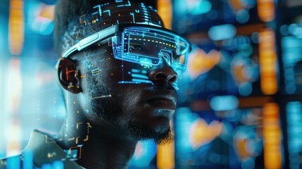 A black man wearing futuristic glasses with a blue and orange background.