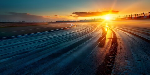 Obraz premium Deserted Formula One race track at sunrise with visible tire tracks. Concept Abandoned Racetrack, Sunrise Scenery, Tire Tracks, Formula One, Deserted Circuit