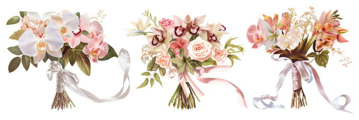 set of bridal bouquets with garden roses, lilies, and orchids wrapped in satin ribbon, isolated on transparent background