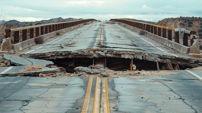 A broken bridge over a canyon.