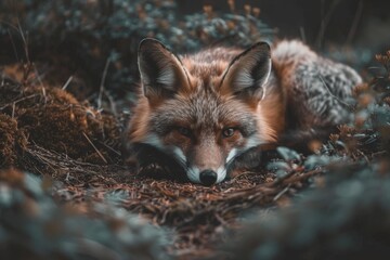 Obraz premium Cunning fox resting in forest undergrowth