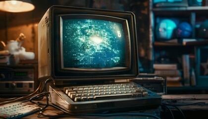 Fototapeta premium Creative fantastic of a computer that ages with its user in vintage styles, futuristic sharpen for banner