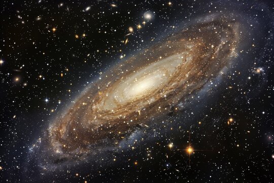 A spiral galaxy with stars in the background, creating a celestial scene, A celestial sky filled with twinkling stars and swirling galaxies