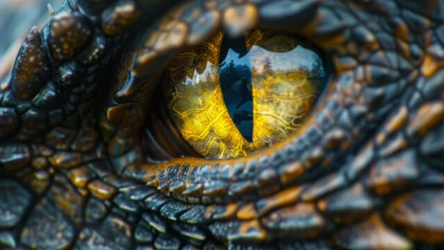 Yellow dragon eye close up.
