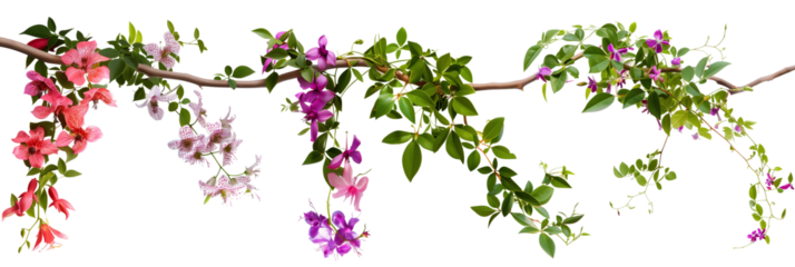 set of types of flowering creepers with blooms of various colors, isolated on transparent background