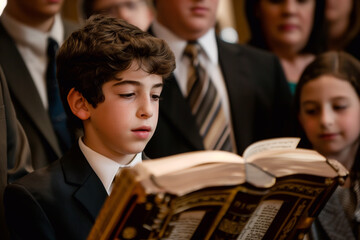 A Jewish family celebrates a Bar Mitzvah. Celebrating a bar mitzvah in the city synagogue. A young man performs a festive bar mitzvah ceremony.