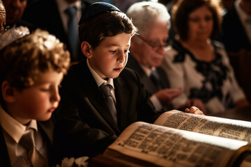 A Jewish family celebrates a Bar Mitzvah. Celebrating a bar mitzvah in the city synagogue. A young man performs a festive bar mitzvah ceremony.
