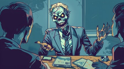 Zombie company employee giving a presentation in a conference room