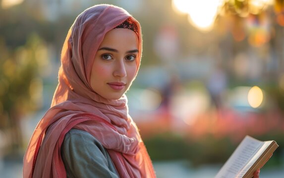 A woman wearing a hijab is sitting and engrossed in reading a book