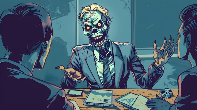 Zombie company employee giving a presentation in a conference room