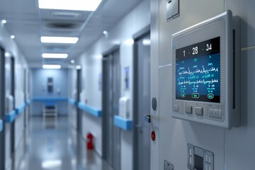 A hospital hallway featuring blue and white walls, typical of healthcare settings, A central control panel for medical staff to monitor and adjust room conditions with ease