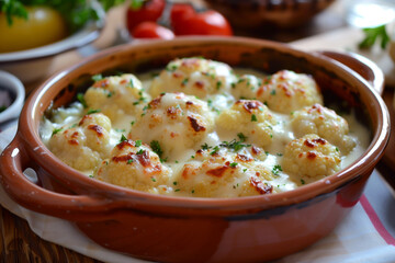 Casserole with cauliflower, eggs and cheese in a ceramic pot. Cauliflower gratin.