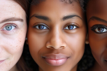 Skincare, diversity and women hug portrait for inclusivity, happiness and healthy skin texture. Interracial beauty. Multi-ethnic beauty. Different ethnicity women.
