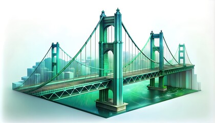 digitally 3d rendered green suspension bridge with city buildings in background on white backdrop