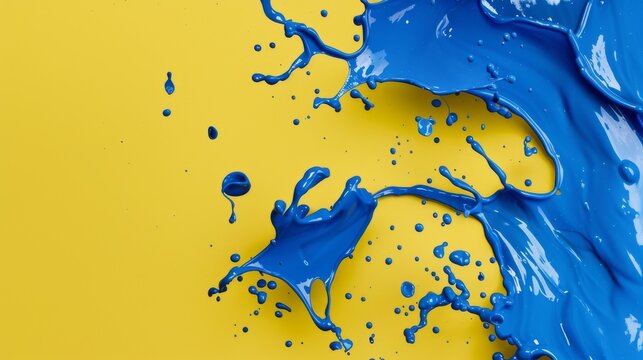A variety of splashing paint splotches dropping onto a plain yellow background. 