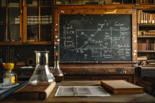 Blackboard covered in complex mathematical equations and formulas, A chalkboard with mathematical equations and formulas written on it