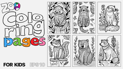 A set of six cat coloring pages for kids. The pages feature different types of animals and are designed for children to color. Kindle. POD.