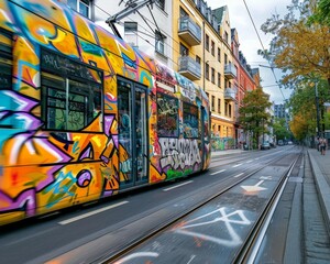 Vibrant graffiti-covered tram in a city street