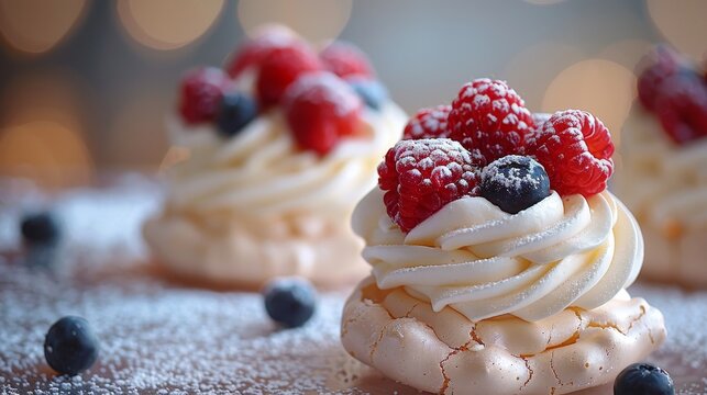 Mini Pavlovas Create mini pavlovas with crispy meringue shells, topped with whipped cream, fresh berries AI generated