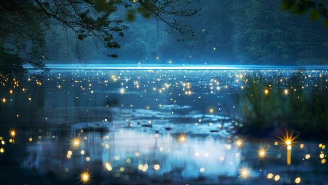 Night magical fairy forest with mystical lights, fairies and fireflies.
