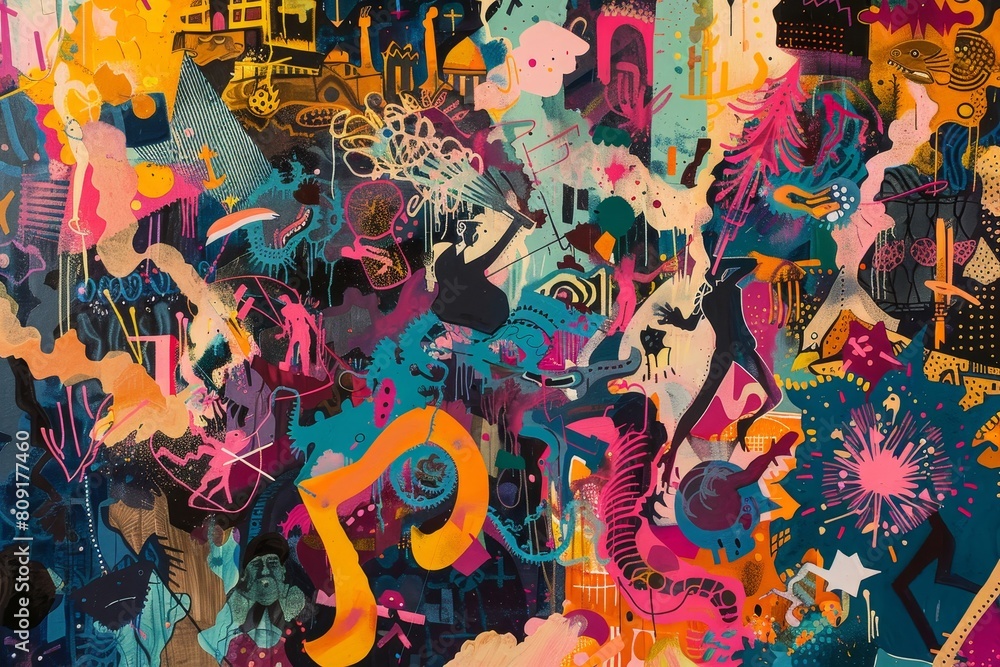 Poster a dynamic and colorful painting featuring a variety of shapes and hues creating a lively composition