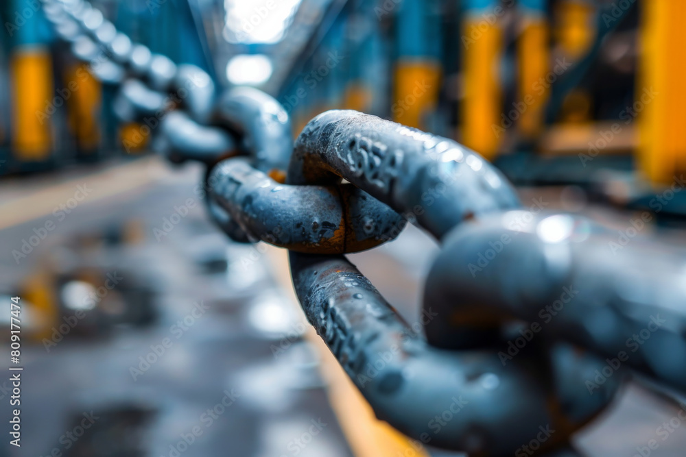 Poster a close up of a chain with a yellow line in the background